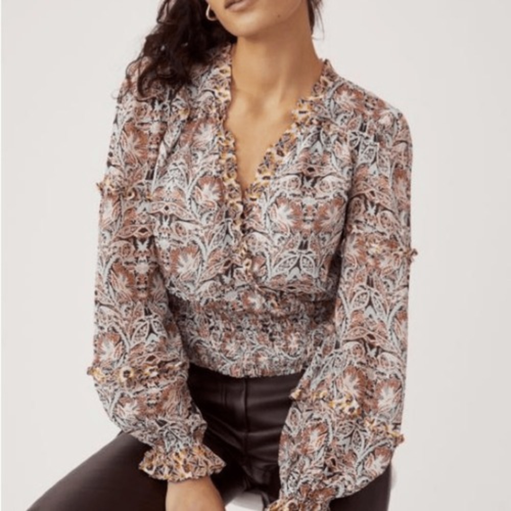Anthropologie Smocked Waist Ruffle Paisley Blouse XSP Brown Black Boho Cropped